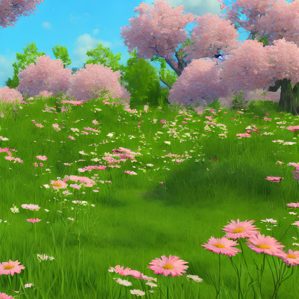 Lush green grass, pink wildflowers, cherry blossom trees in vibrant spring scene