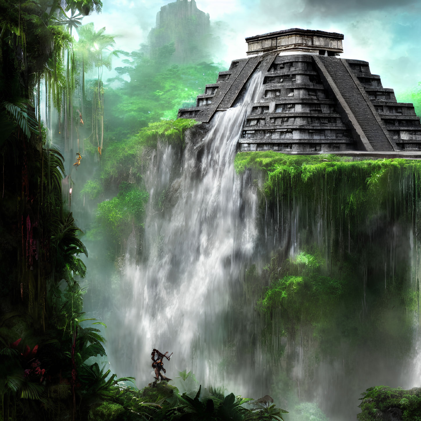 Ancient pyramid near waterfall with lush greenery and lone figure