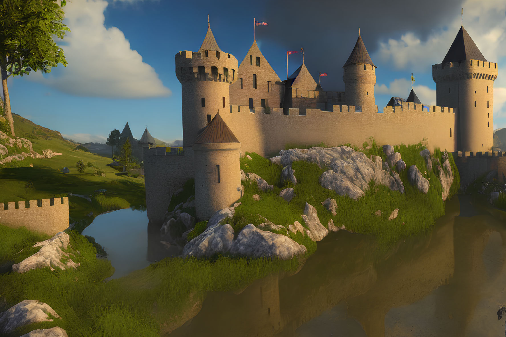 Majestic castle with turrets and flags in verdant landscape reflected in calm waters