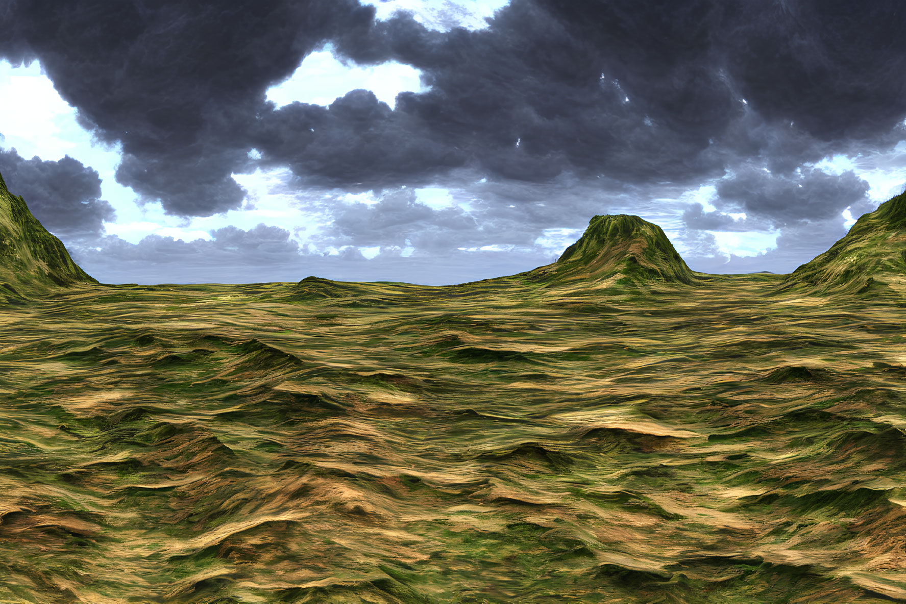 Panoramic alien landscape: green hills, dark sky