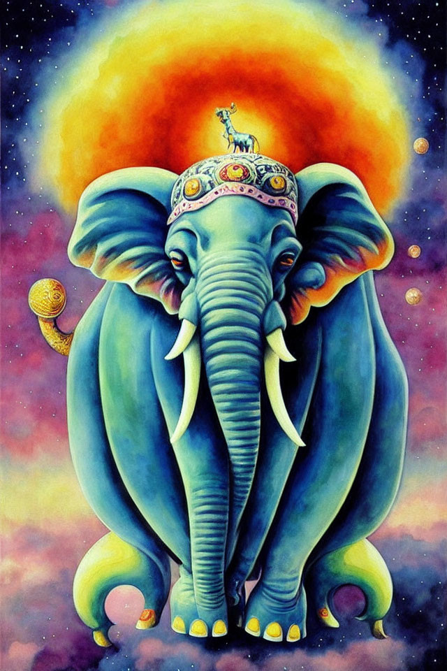 Colorful painting of majestic blue elephant with golden crown and rider in cosmic scene.