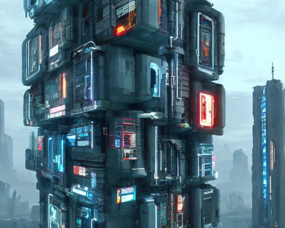 Futuristic cyberpunk skyscraper with neon signs in foggy cityscape