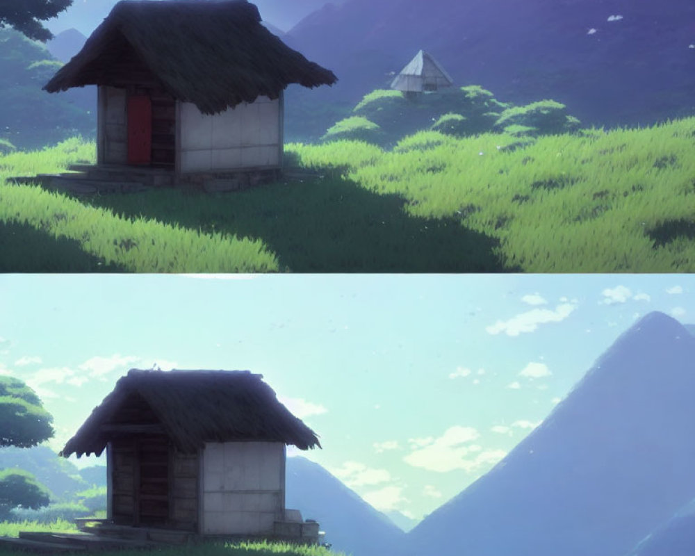 Two scenes of a small hut in a lush field: daytime warmth and dusk coolness