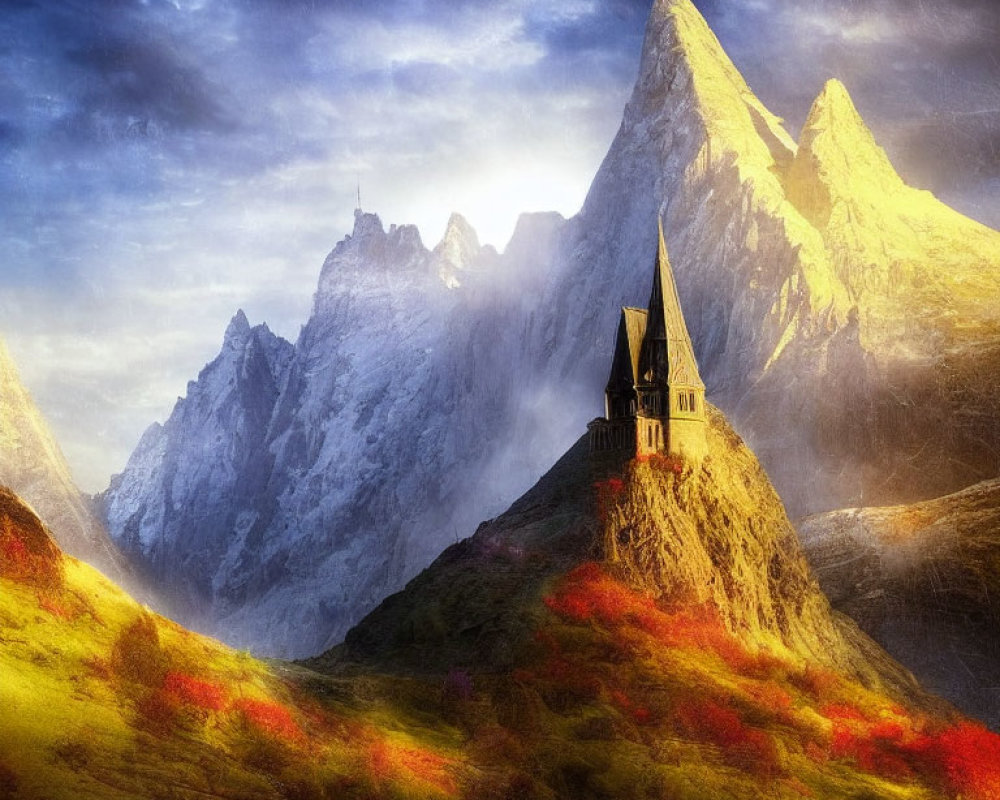 Majestic mountain landscape with church, vibrant foliage, and dramatic sky