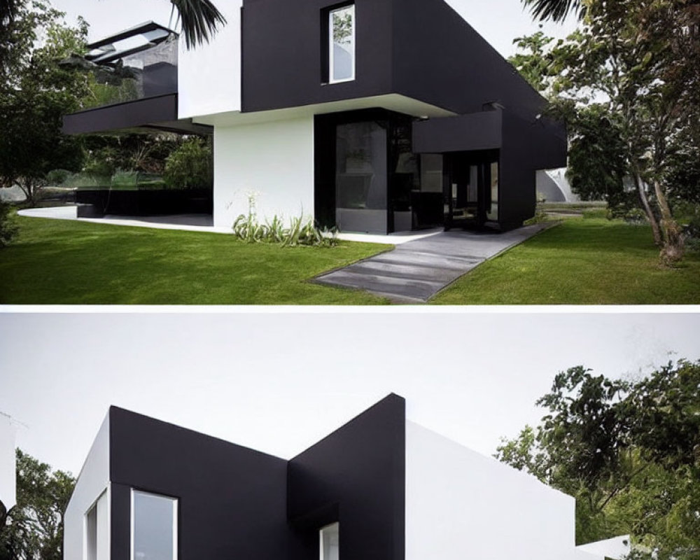 Contemporary Two-Story House: Black and White Exterior, Large Windows, Green Surroundings