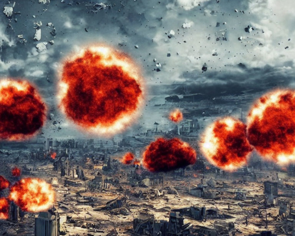 Apocalyptic cityscape with fiery explosions and urban ruins