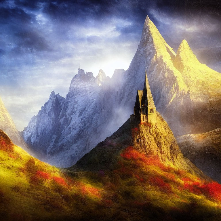 Majestic mountain landscape with church, vibrant foliage, and dramatic sky