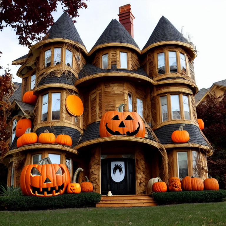 Victorian-style house adorned with Halloween pumpkins