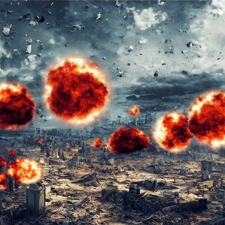 Apocalyptic cityscape with fiery explosions and urban ruins