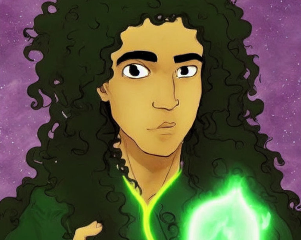 Curly Haired Person Holding Green Flame on Purple Starry Background