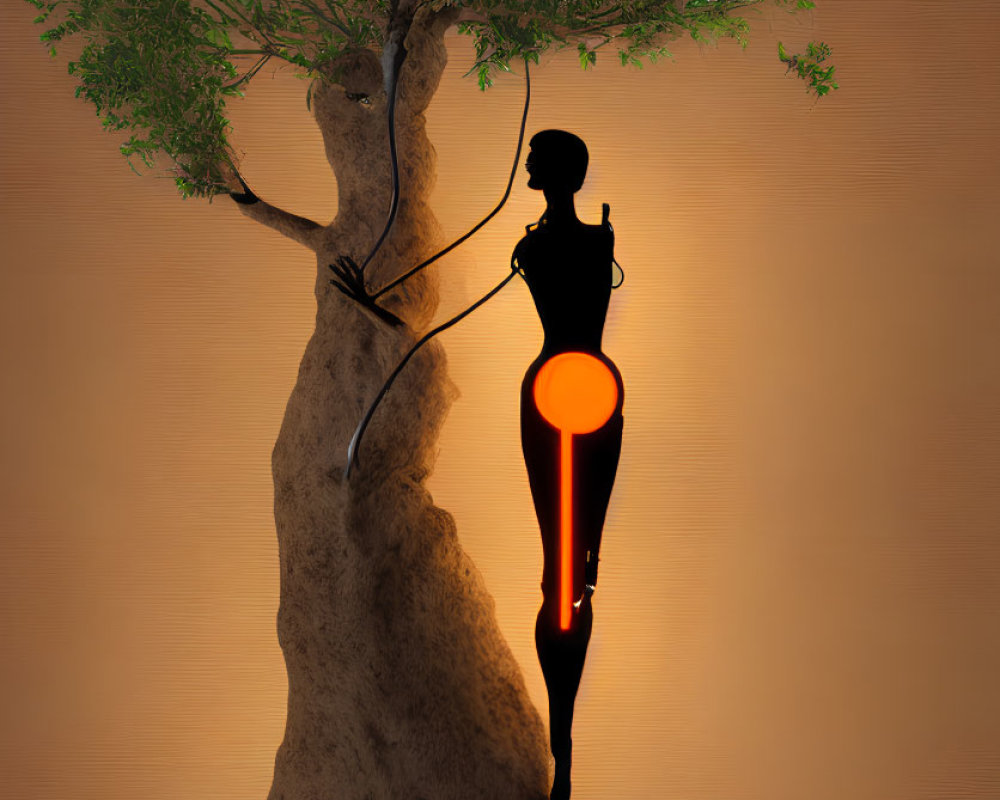 Futuristic humanoid silhouette glowing orange in tree with smaller figure, set against amber backdrop
