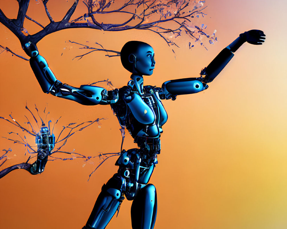 Intricate humanoid robot with joints against gradient backdrop and pink blossoms tree