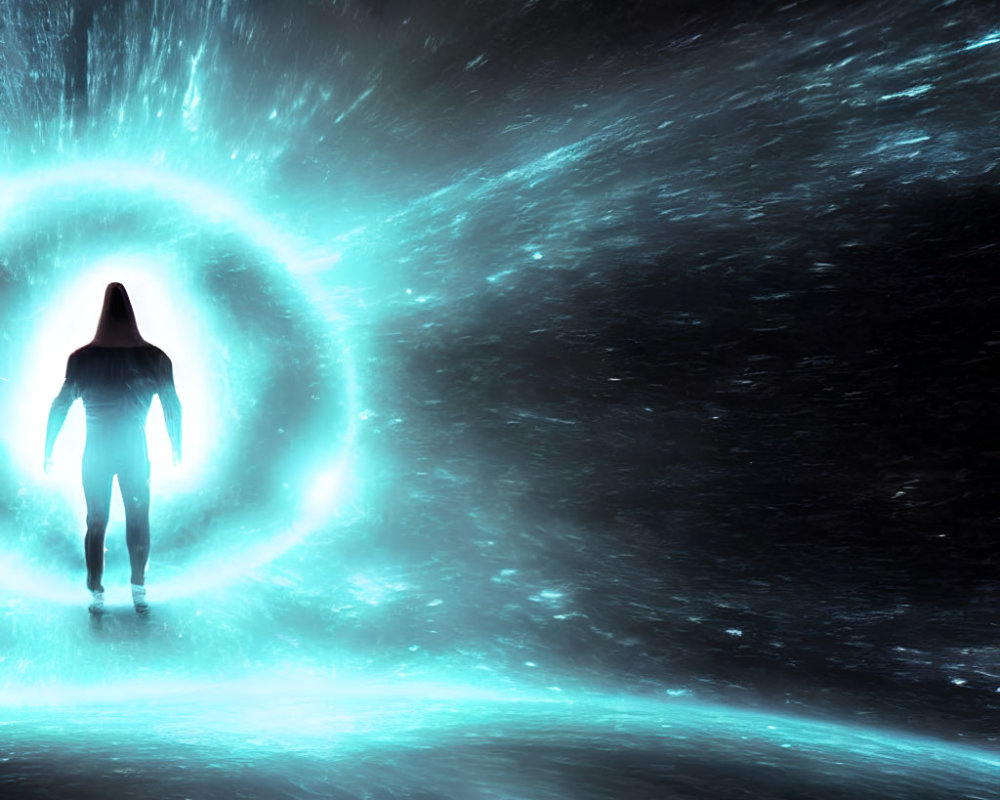 Silhouetted Figure near Glowing Blue Portal in Cosmic Setting