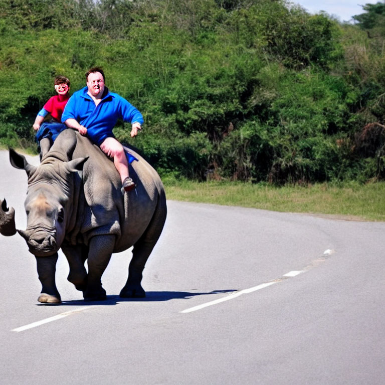 Two people riding a rhino with excitement on grassy background