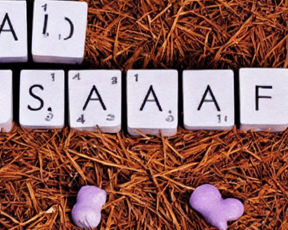 Scrabble letters spell "AFRAID" on pine needles with purple hearts