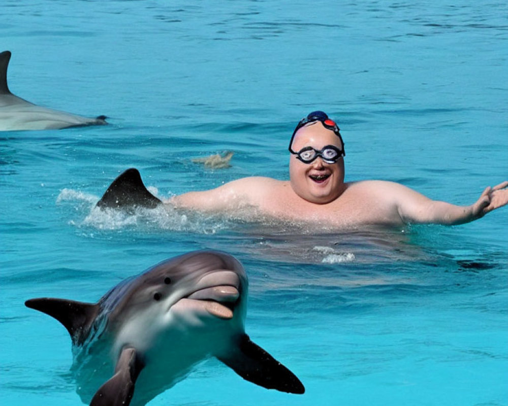 Swimmer with Goggles Smiles Swimming with Dolphins in Blue Water