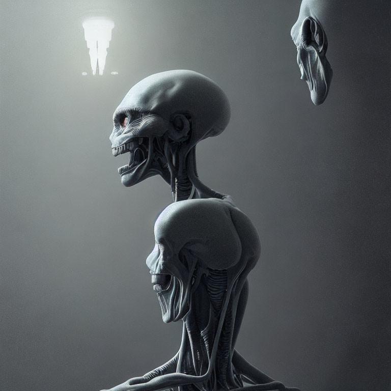 Digital artwork: Stylized skeletal figures with elongated skulls on grey backdrop.