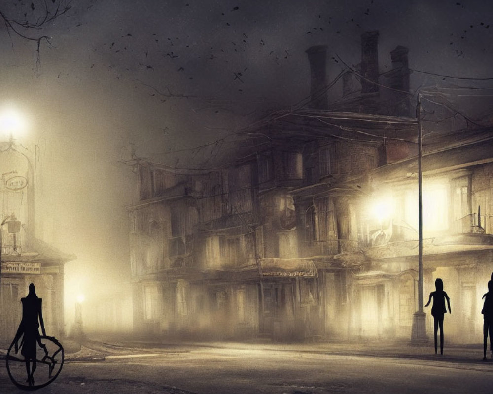 Misty night street with silhouettes, cyclist, old buildings, and eerie sky