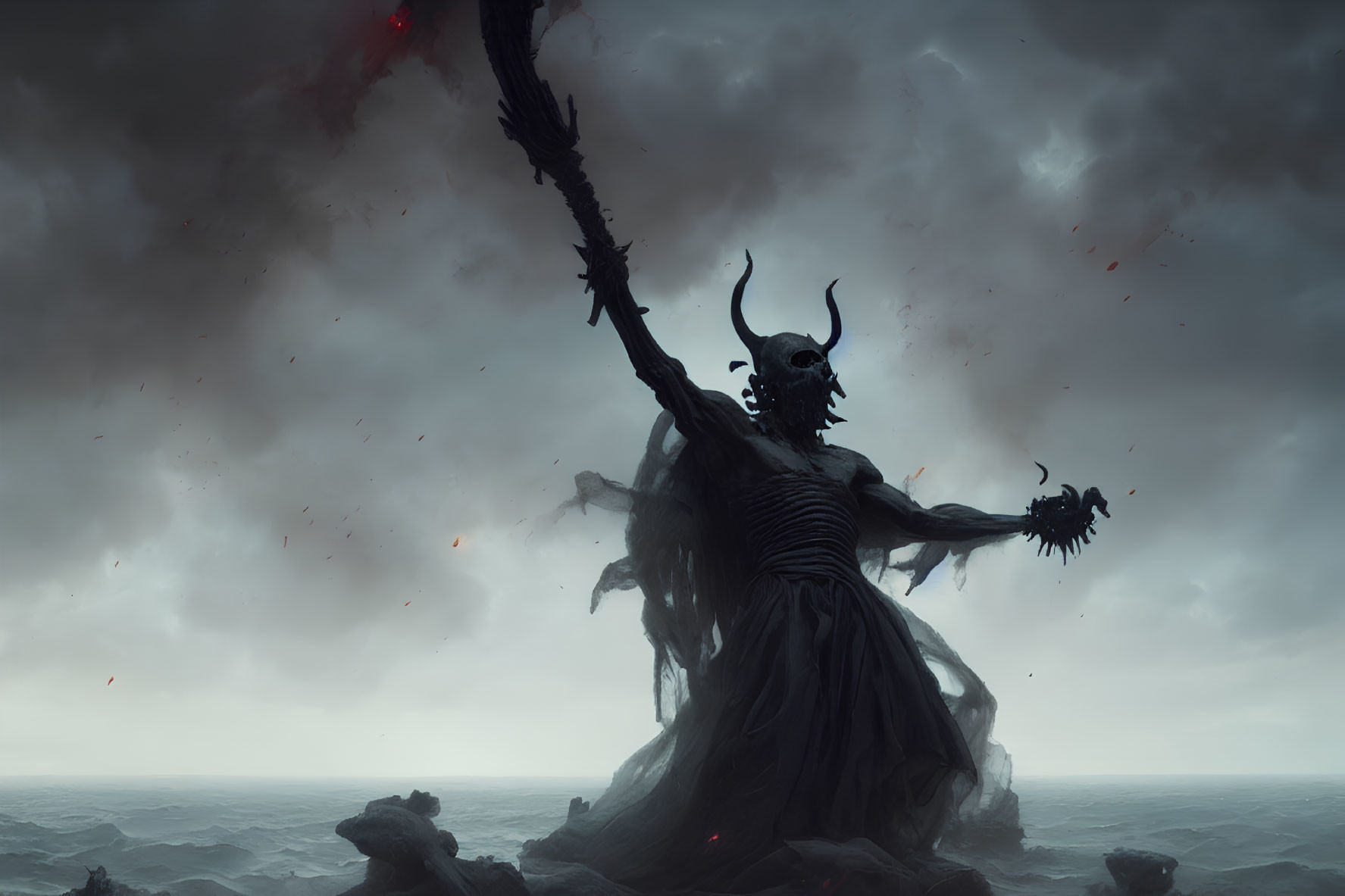 Dark figure with horns and red eyes in stormy seascape portrait.