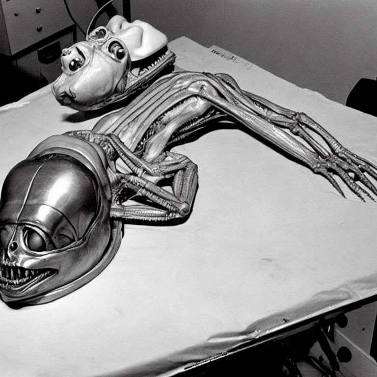 Monochrome photo of dissected animatronic figure with skeletal and muscular details