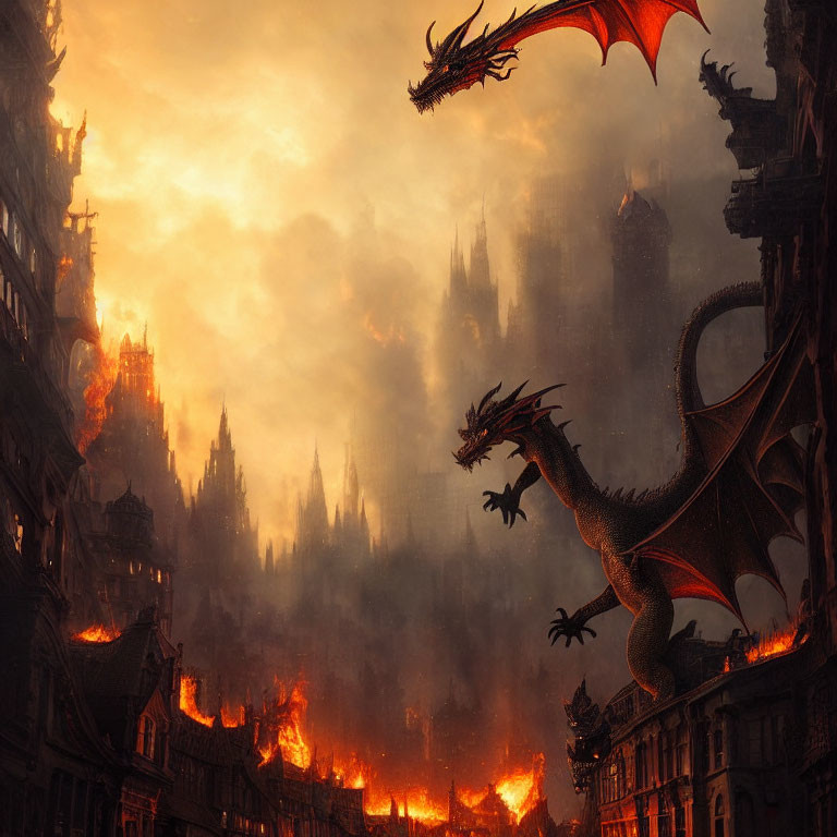 Majestic dragon over burning medieval city under orange sky