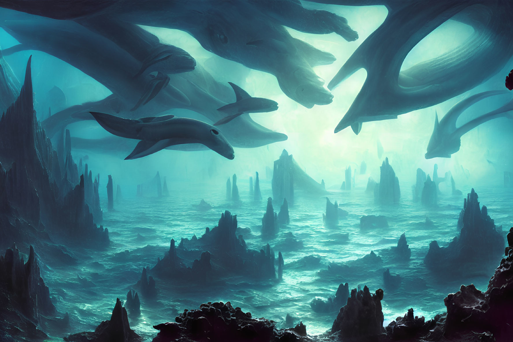 Underwater Scene: Dolphin-like Creatures & Rock Formations