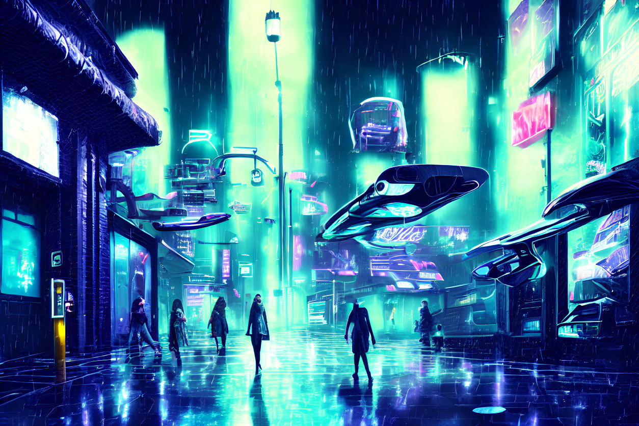 Nighttime cyberpunk cityscape with neon signs, flying vehicles, and rain-soaked pedestrians