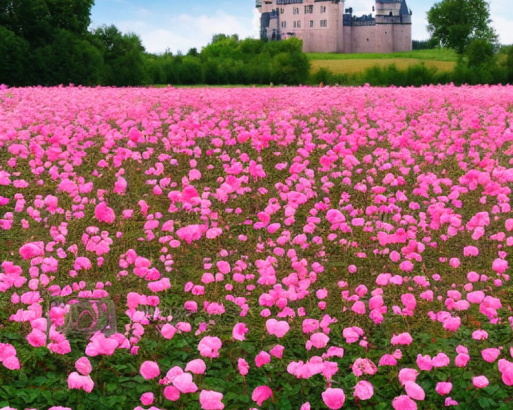 Majestic castle and vibrant pink flowers under blue sky