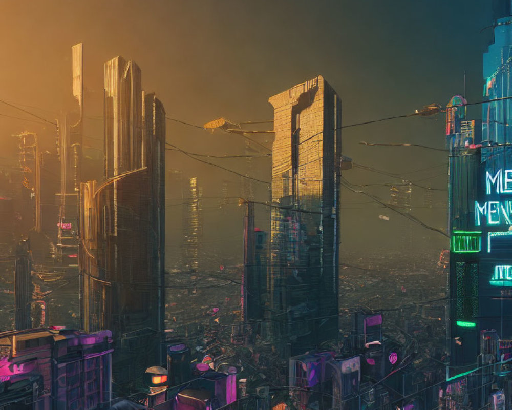 Neon-lit dystopian cityscape with towering skyscrapers at dusk