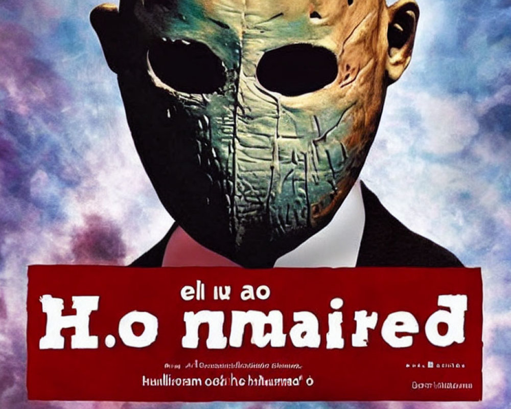 Close-up of horror movie poster with character in hockey mask against purple and red cloudy backdrop.