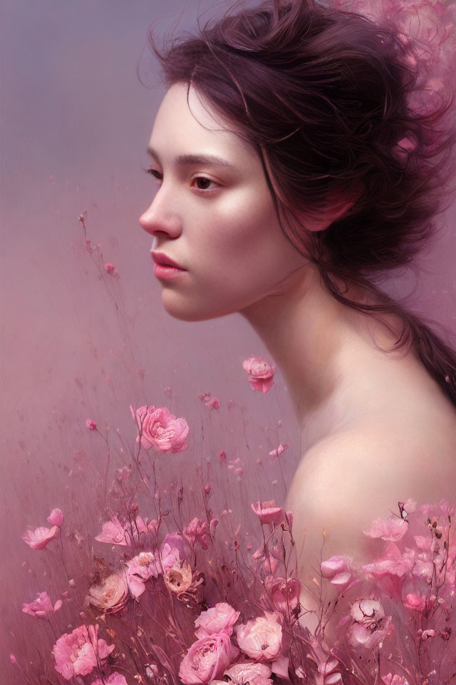 Woman portrait with flowing hair and pink flowers on dreamy background