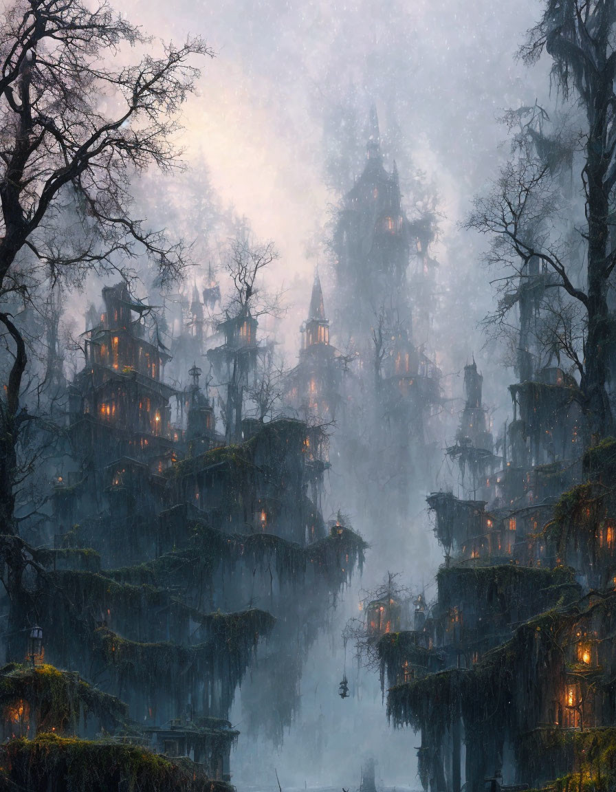 Enchanting forest with misty towering trees and ancient illuminated treehouses