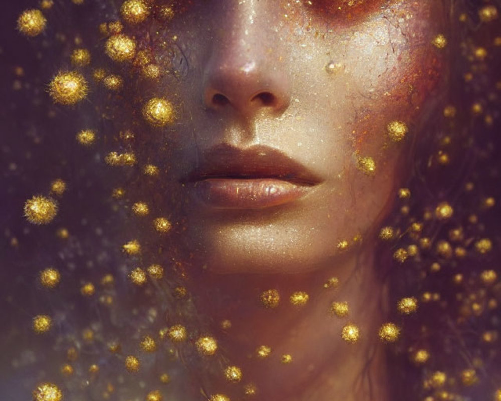 Woman with Striking Features Surrounded by Golden Orbs and Light Flecks
