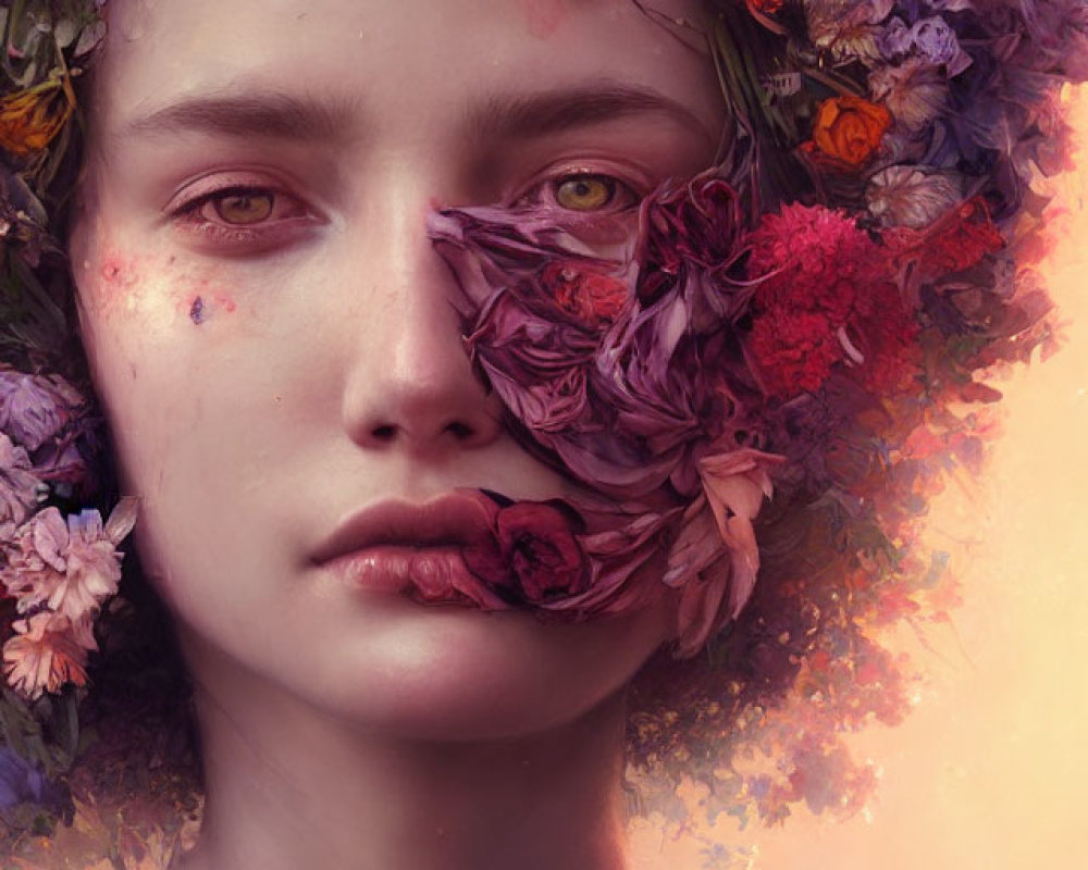 Surreal portrait: Person with floral wreath, vibrant blossoms, soft warm-hued backdrop