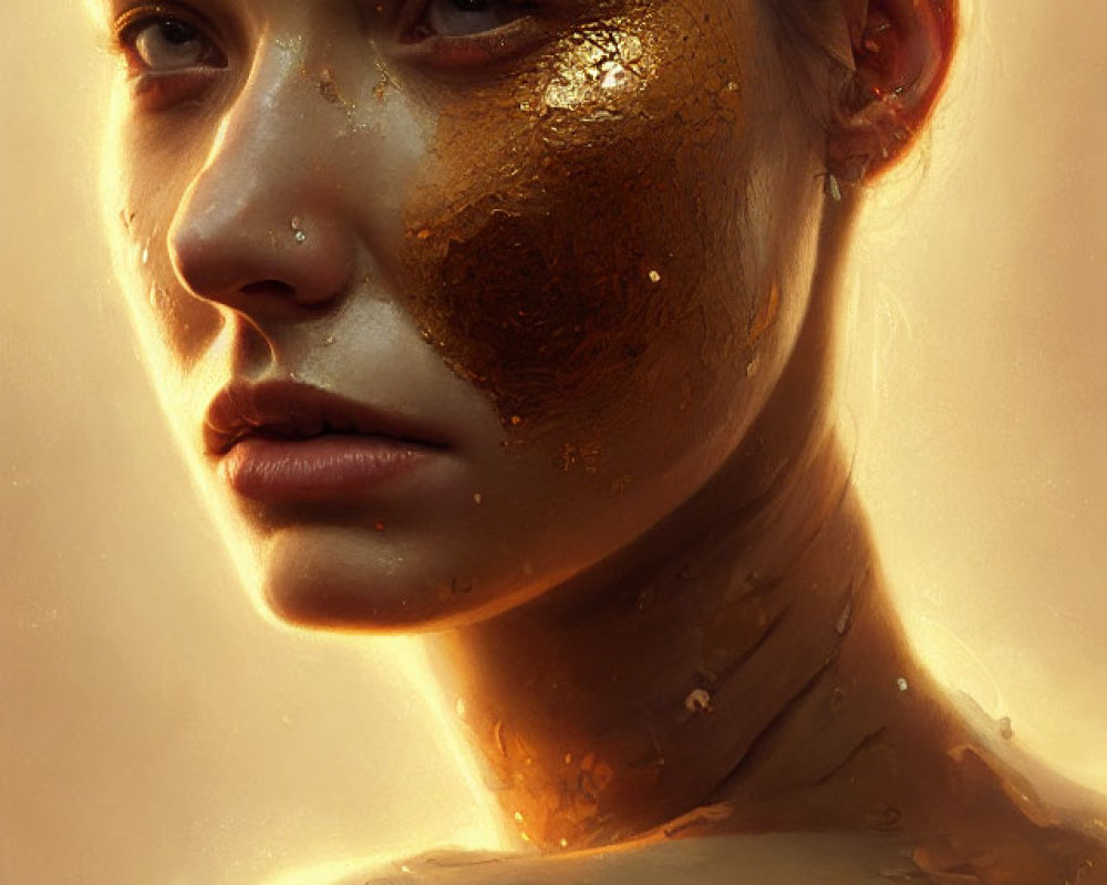 Close-Up Portrait of Woman with Golden Flecks in Warm Light
