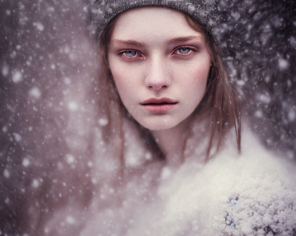 Woman in winter setting with snowflakes, beanie, and red eyes.