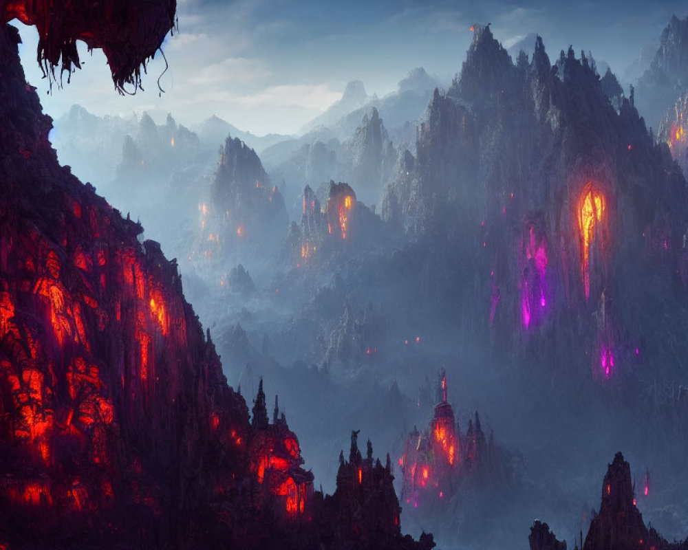 Panoramic view of glowing volcanic landscape with luminous lava