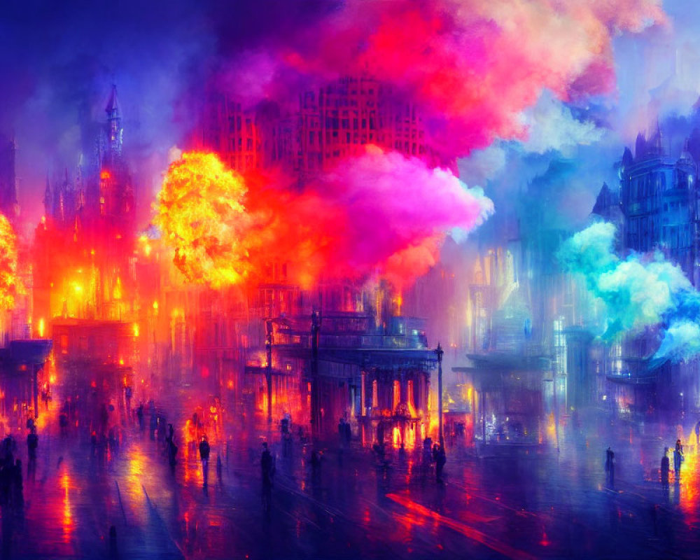 Colorful cityscape digital artwork with vibrant clouds and bustling street scene.