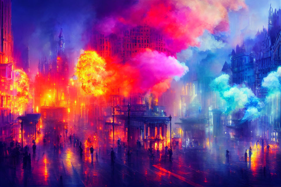Colorful cityscape digital artwork with vibrant clouds and bustling street scene.