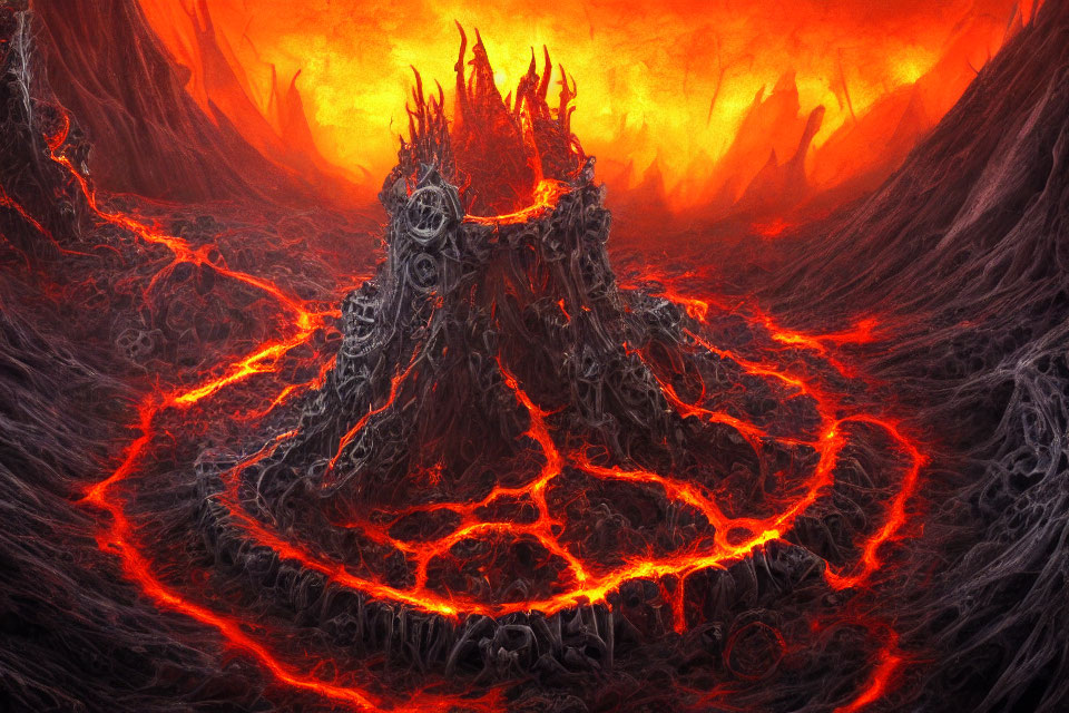 Fiery landscape with lava streams and menacing mountain under red sky