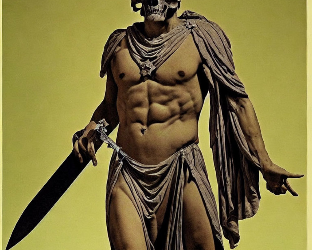 Muscular figure with skull head holding sword on yellow background