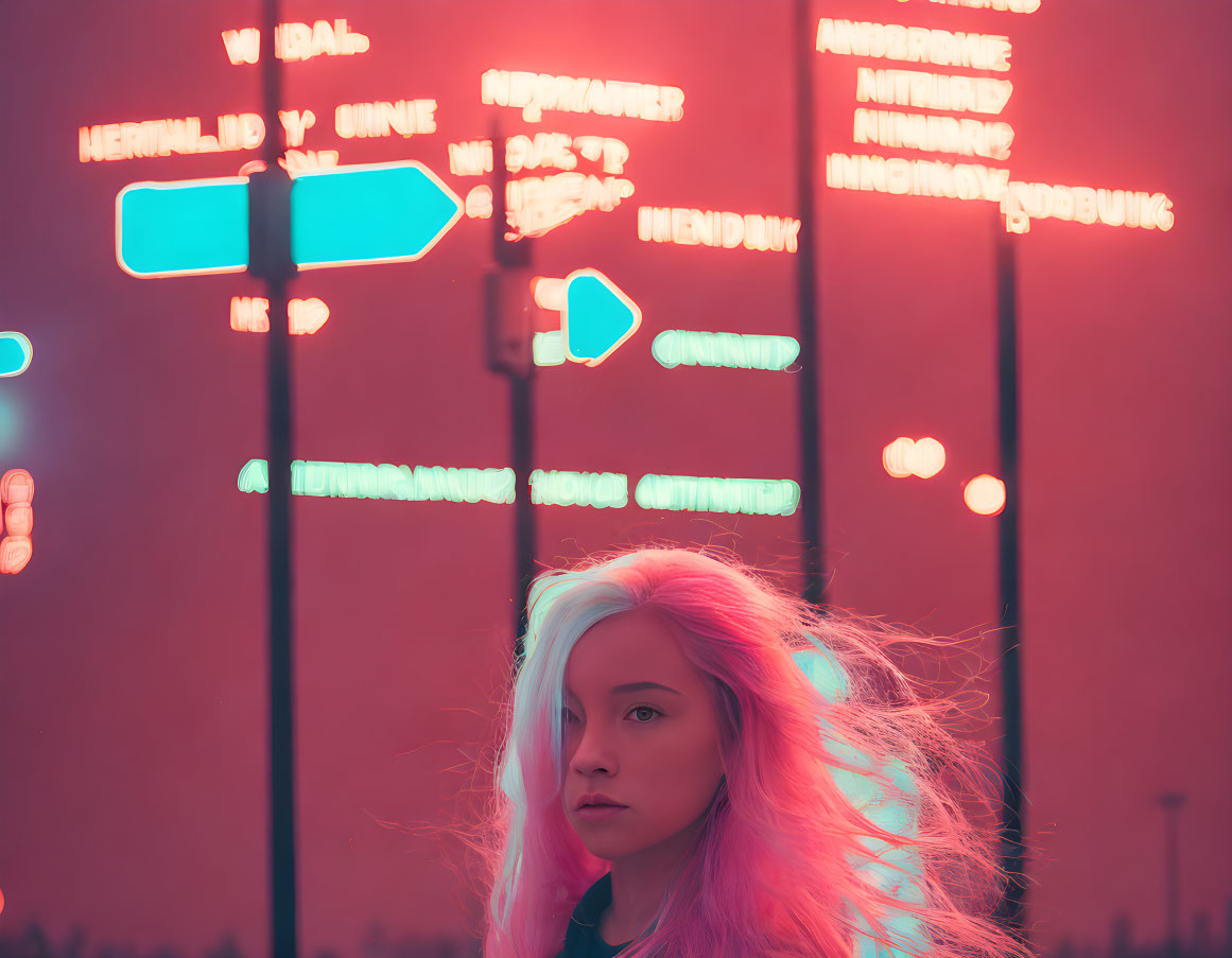 Pink-haired woman poses in front of neon sign at dusk.