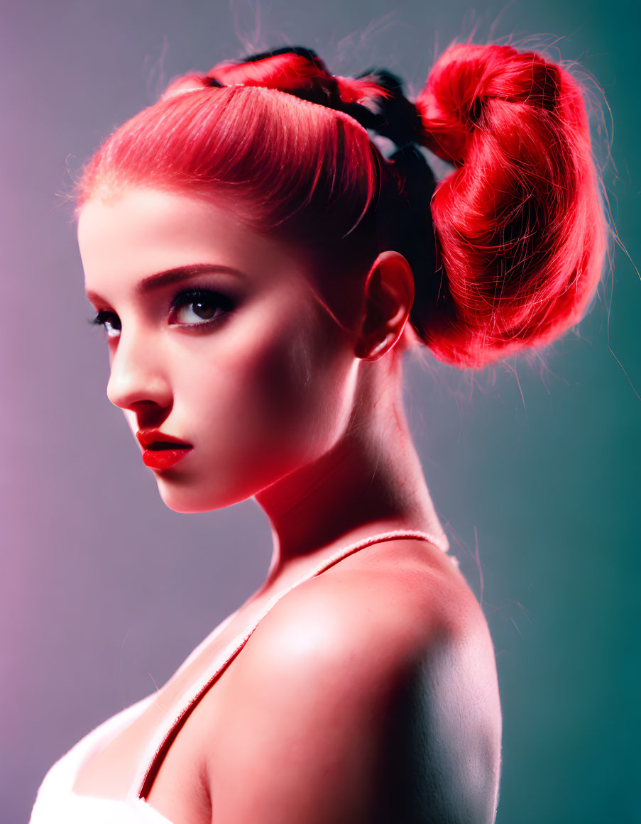 Striking red hair in high ponytail with pink and teal gradient gaze.