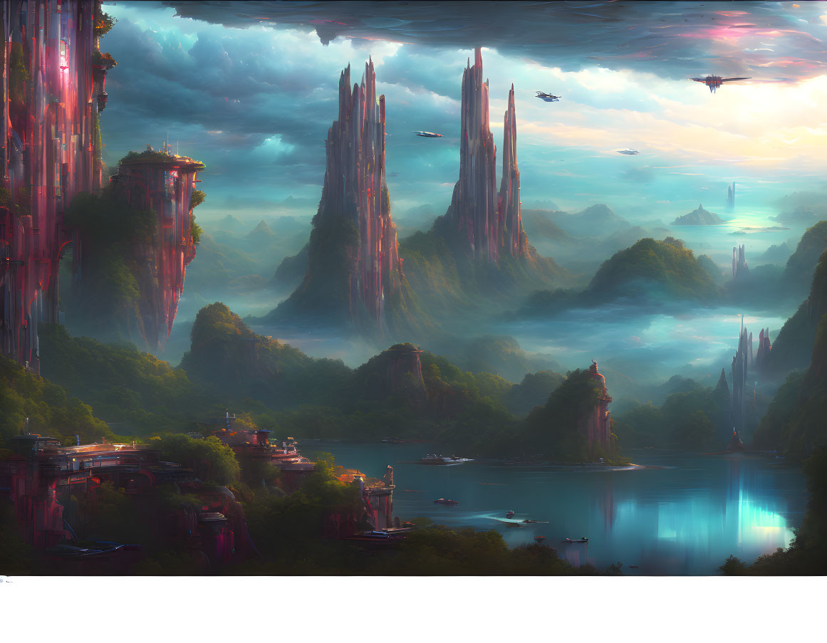Fantasy landscape with rock formations, lake, greenery, and futuristic structures under colorful sky