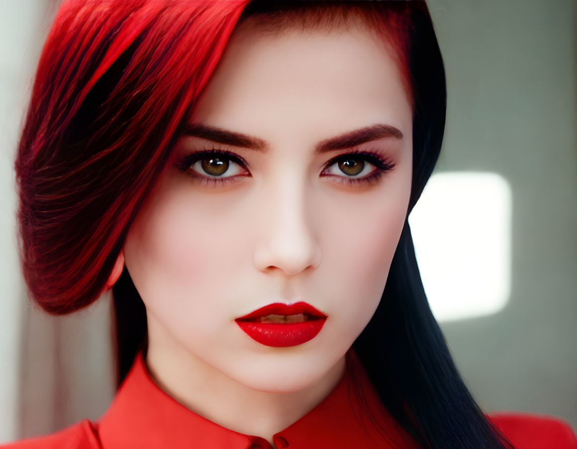 Vibrant red-haired woman in red outfit with intense gaze