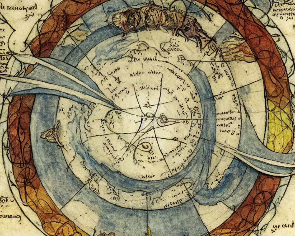 Vintage Astronomical Illustration with Zodiac Symbols and Cosmic Spheres