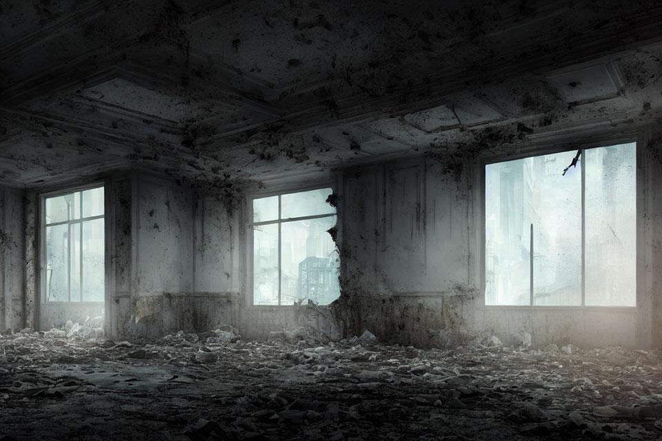 Desolate room with decaying walls and dusty windows