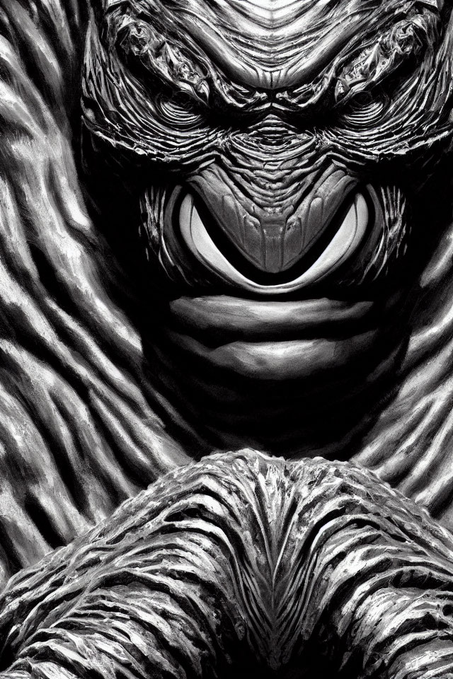 Monochrome artwork of textured creature with intense eyes