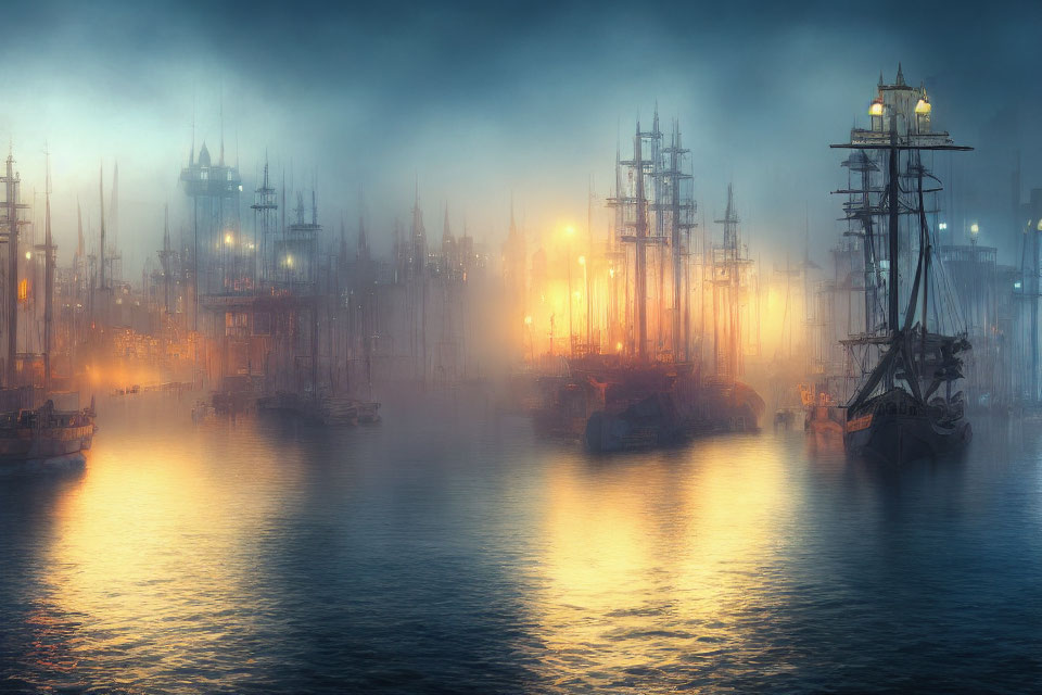 Mystical Foggy Harbor with Tall Ships and Glowing Lights