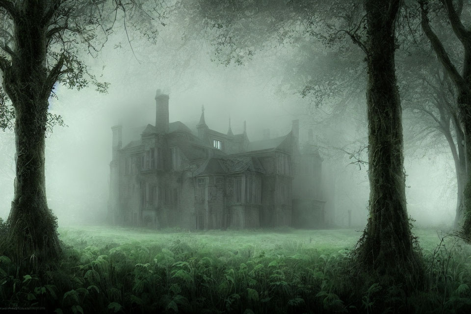 Foggy mansion between two trees in overgrown forest